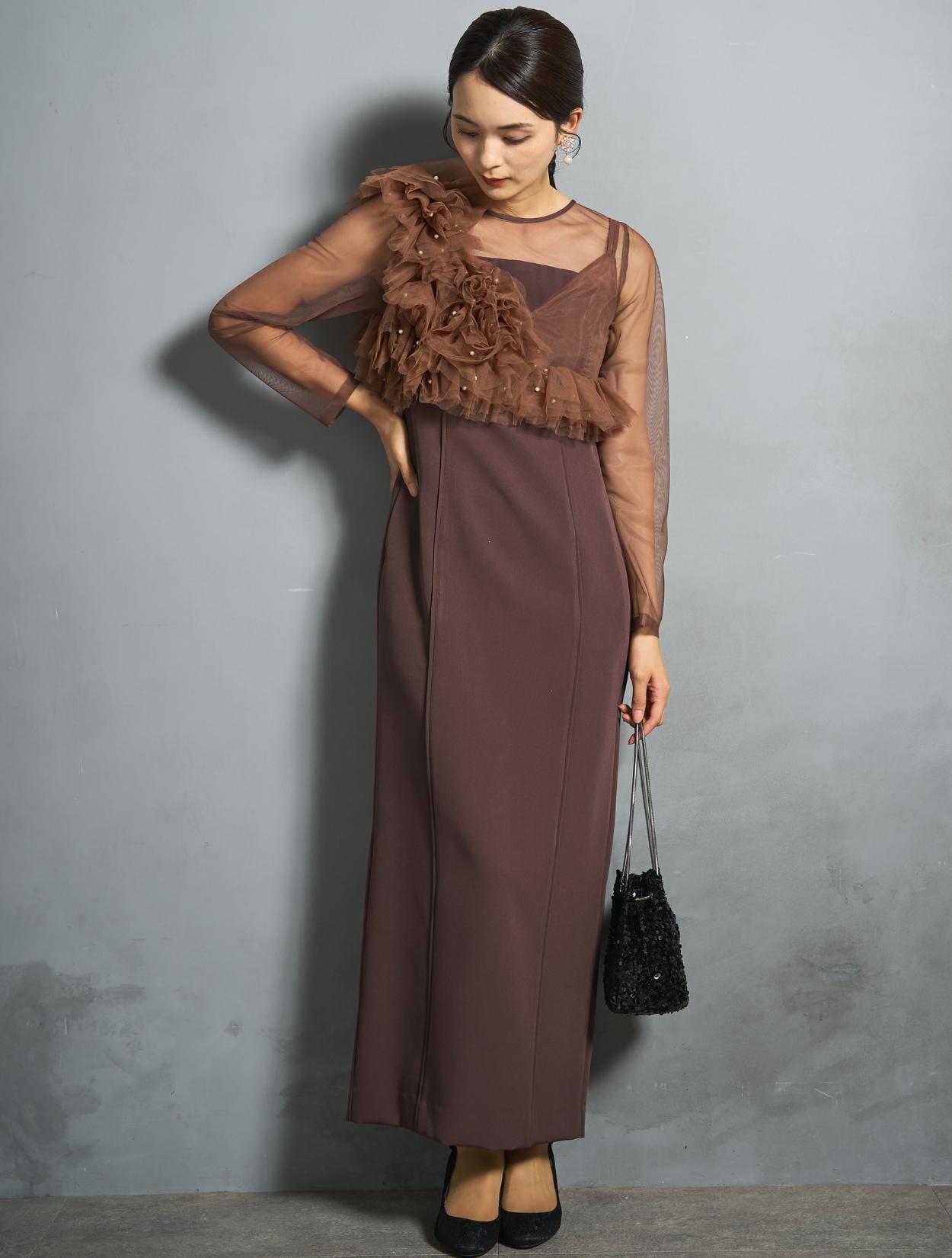 M/L】パールビスチェロングドレス（ブラウン）DPSET0844のレンタル
