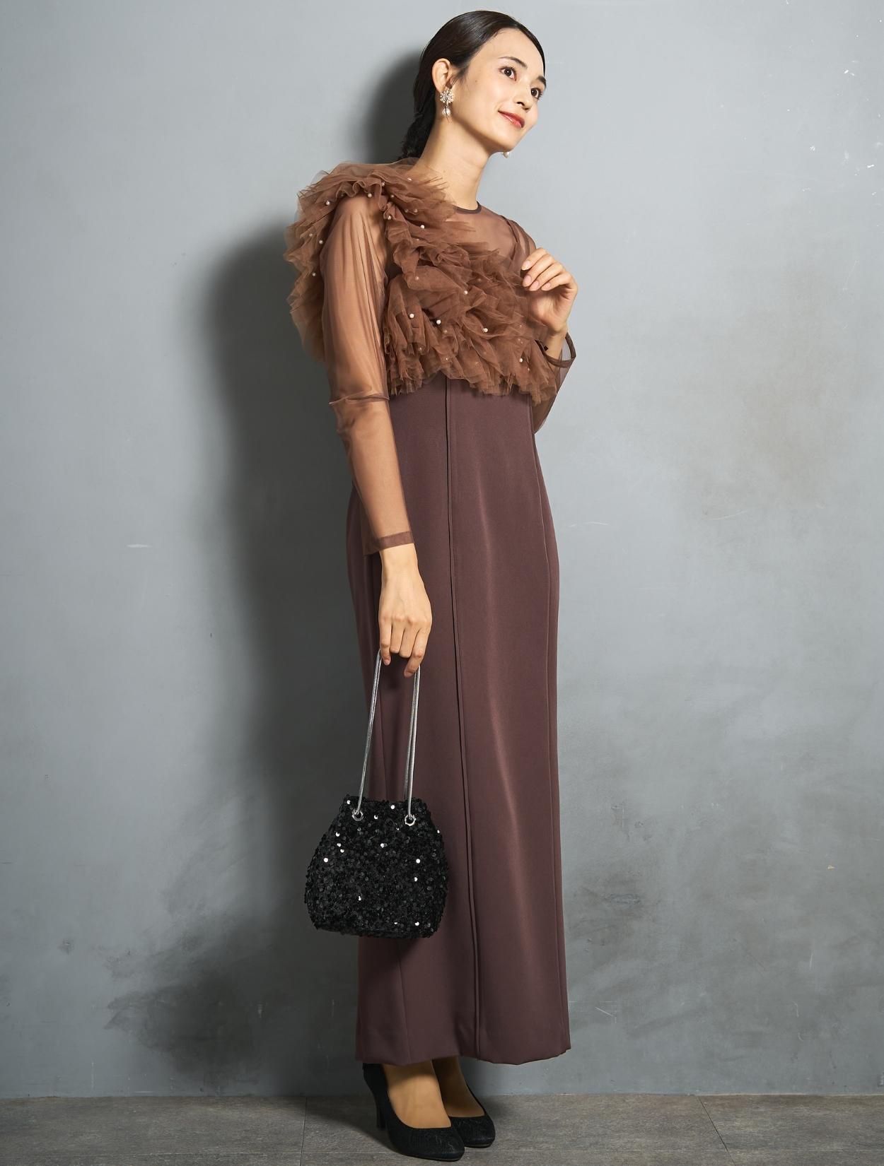 【ぺぺ】ブラウン パール装飾 Vネックドレス DPSET0844_05.jpg