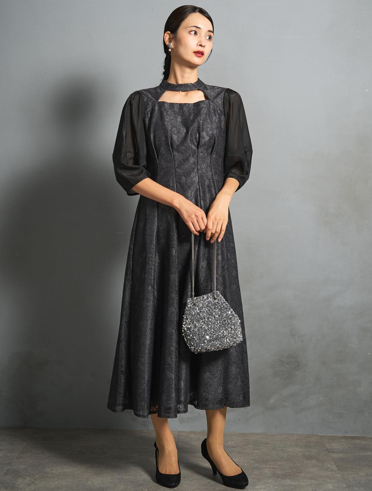 M/L】レース×カットアウトミモレ丈ドレス（Cグレー）DPSET0849の