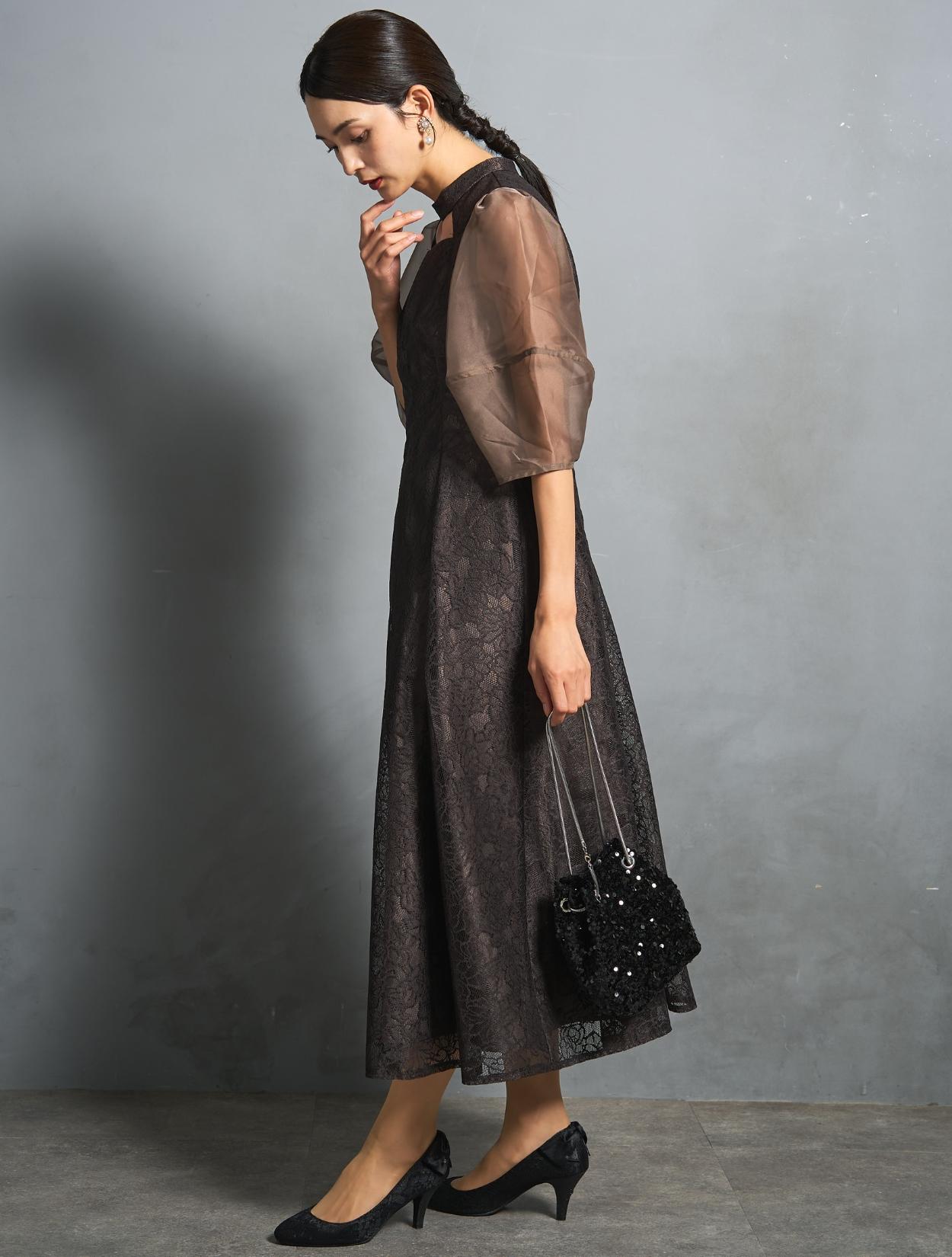 M/L】レース×カットアウトミモレ丈ドレス（ブラウン）DPSET0851の