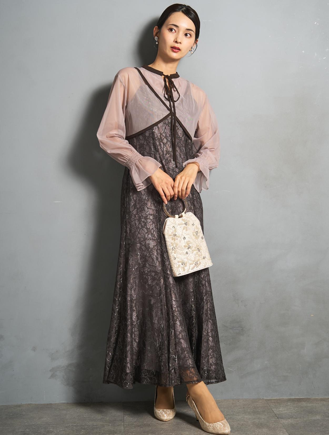 M/L】クロスデザイン2wayブラウスドレス（ブラウン）DPSET0859の