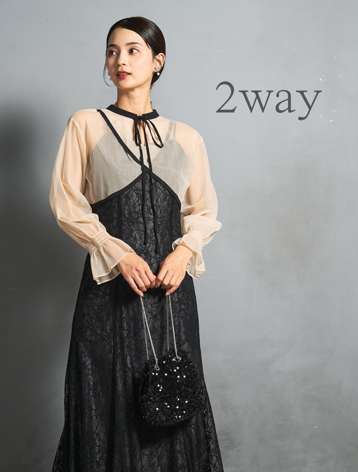 M/L】クロスデザイン2wayブラウスドレス（ブラック）DPSET0860の