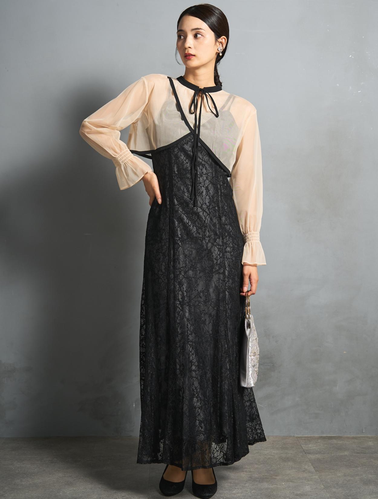 M/L】クロスデザイン2wayブラウスドレス（ブラック）DPSET0861の