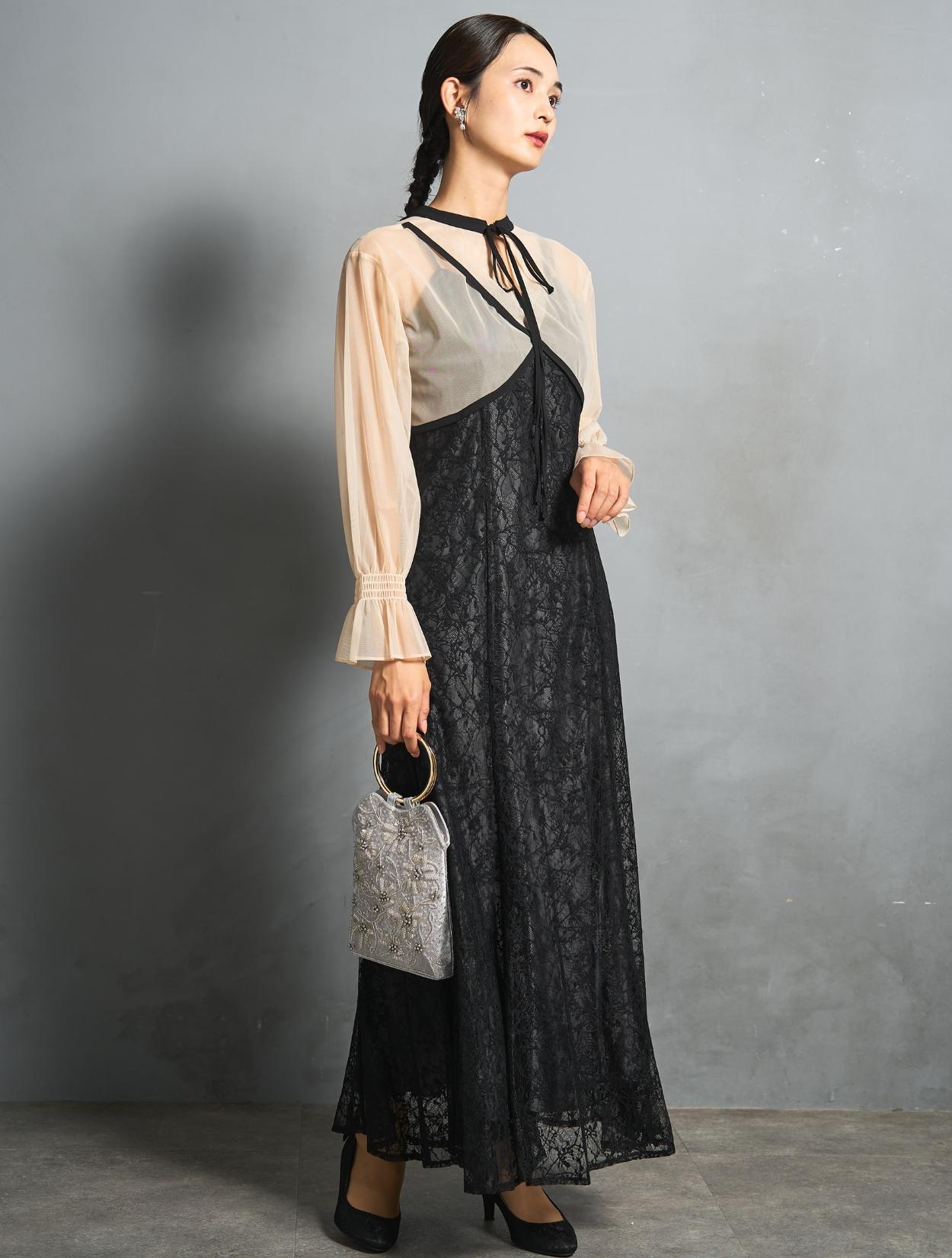 M/L】クロスデザイン2wayブラウスドレス（ブラック）DPSET0861の