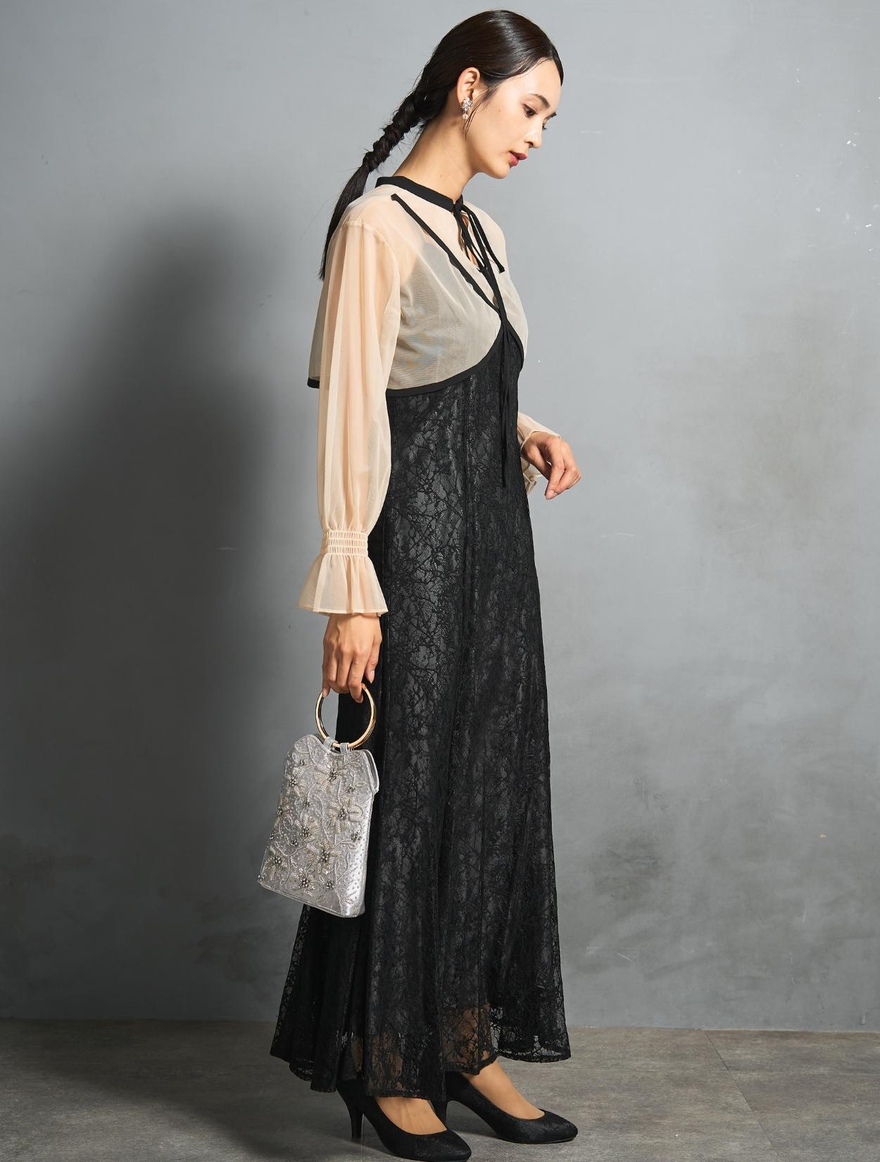 M/L】クロスデザイン2wayブラウスドレス（ブラック）DPSET0861の