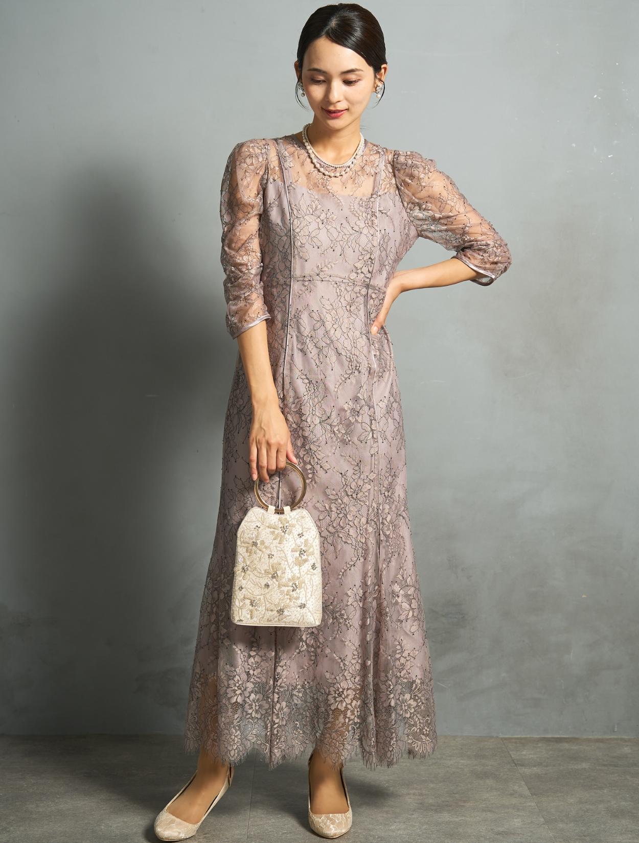 M】ギャザースリーブマーメイドドレス（グレイッシュピンク）DPSET0873