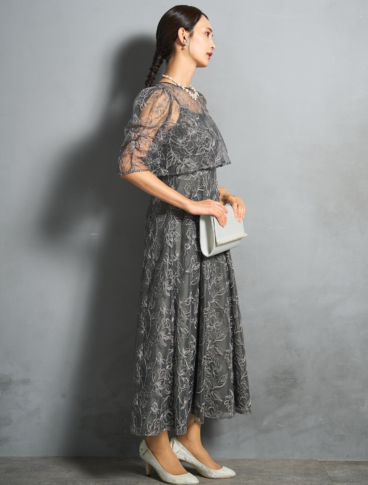 LL/3L】フラワーレースレイヤードドレス（グレー）DPSET0883Lの