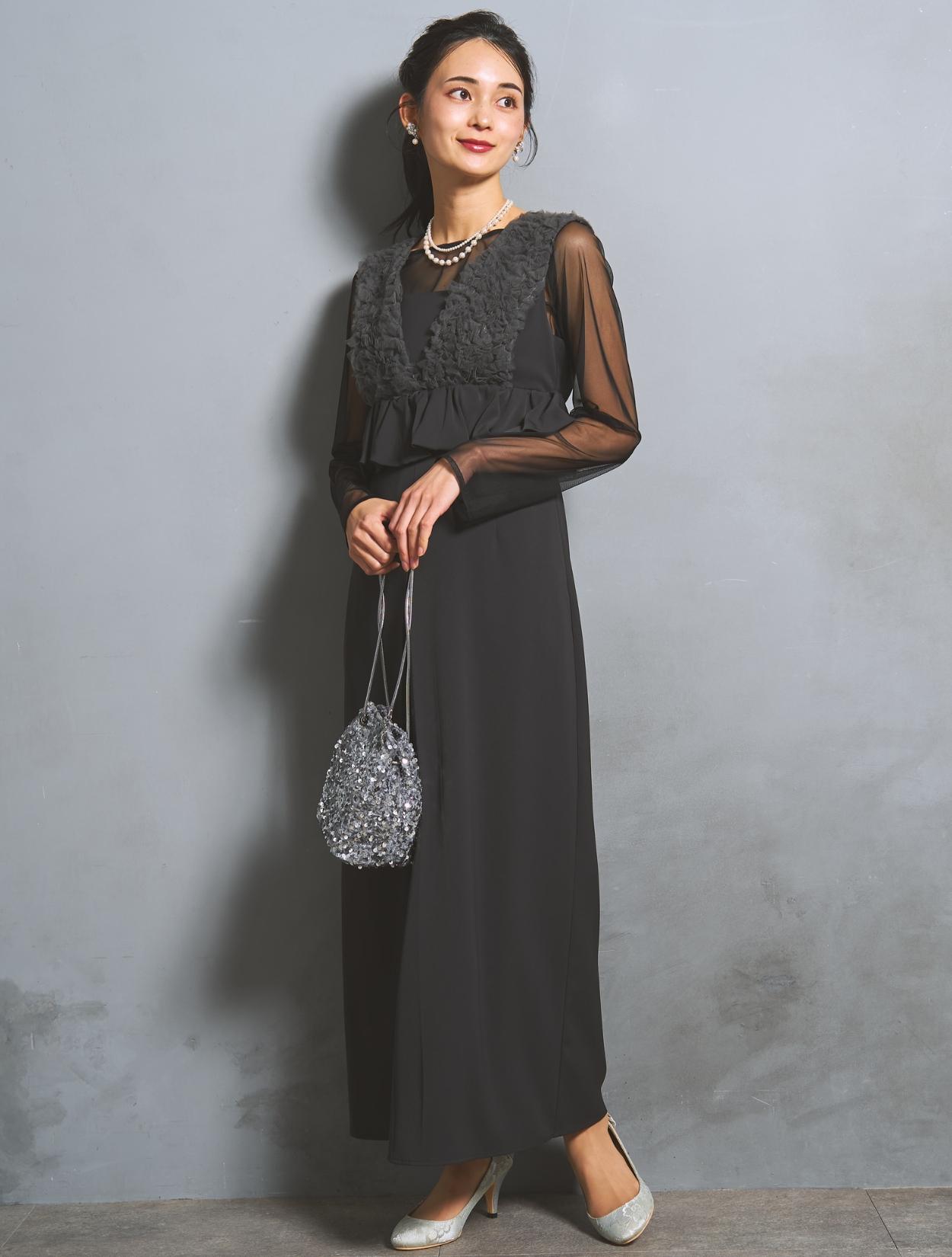 S/M/L】シアーブラウス付きVネックチュールドレス（グレー）DPSET0902