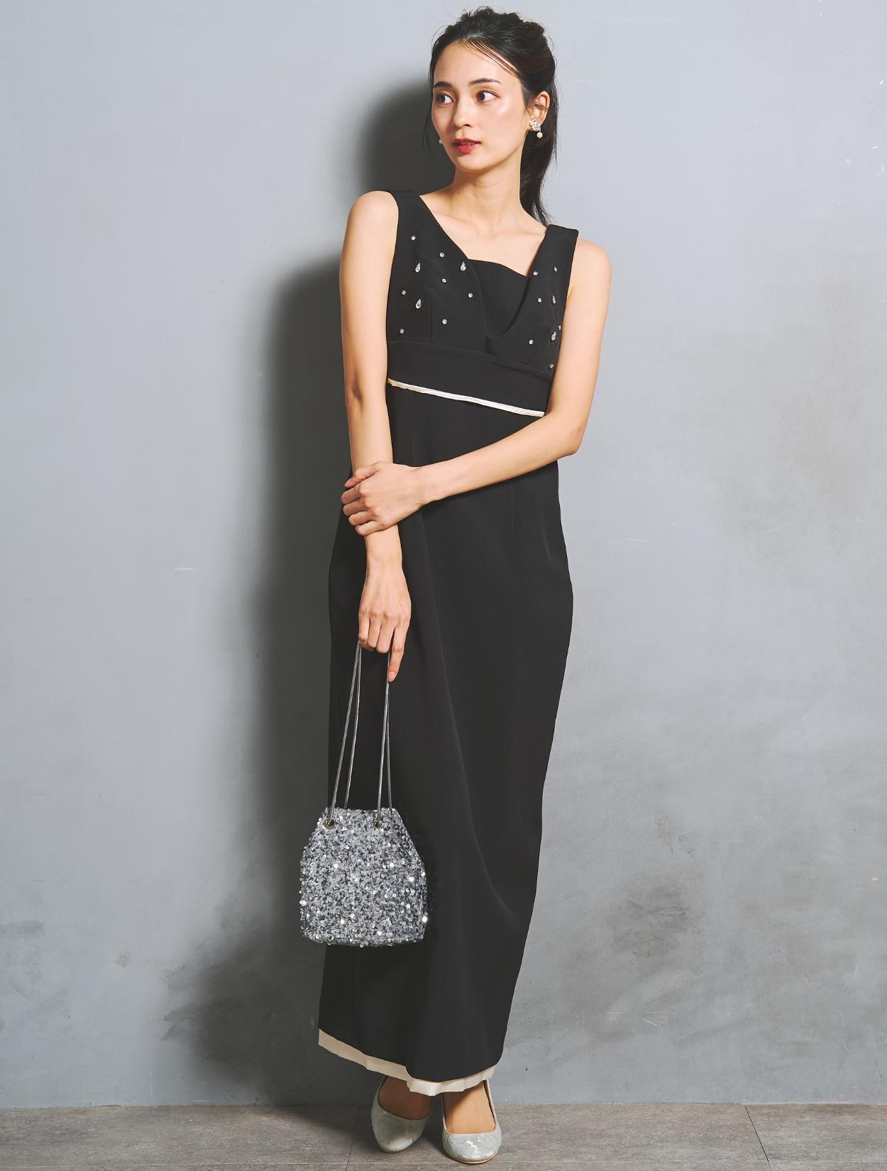 ビジュー付きブラックドレス LEJA LUXE】2WAYシアーネックビジューデザインブラックマーメイド