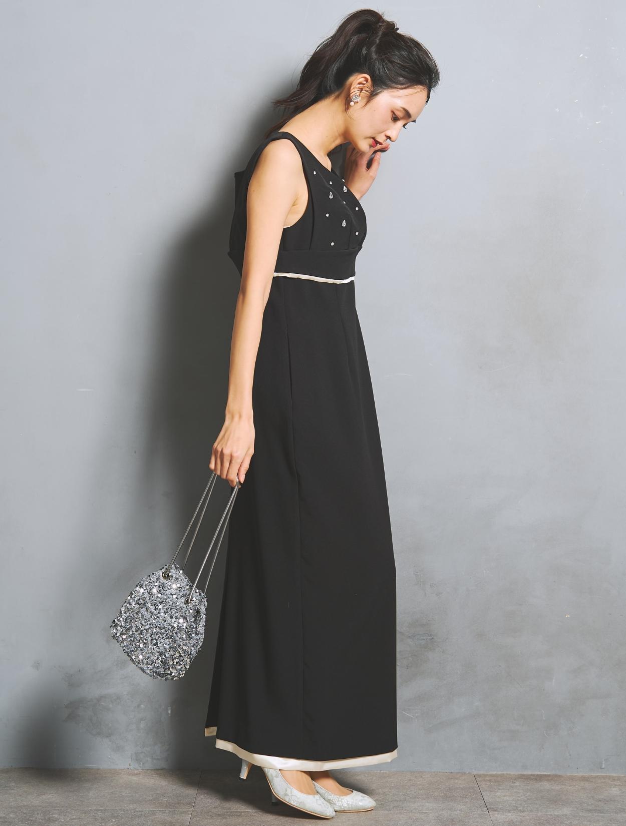ビジュー付きブラックドレス LEJA LUXE】2WAYシアーネックビジューデザインブラックマーメイド