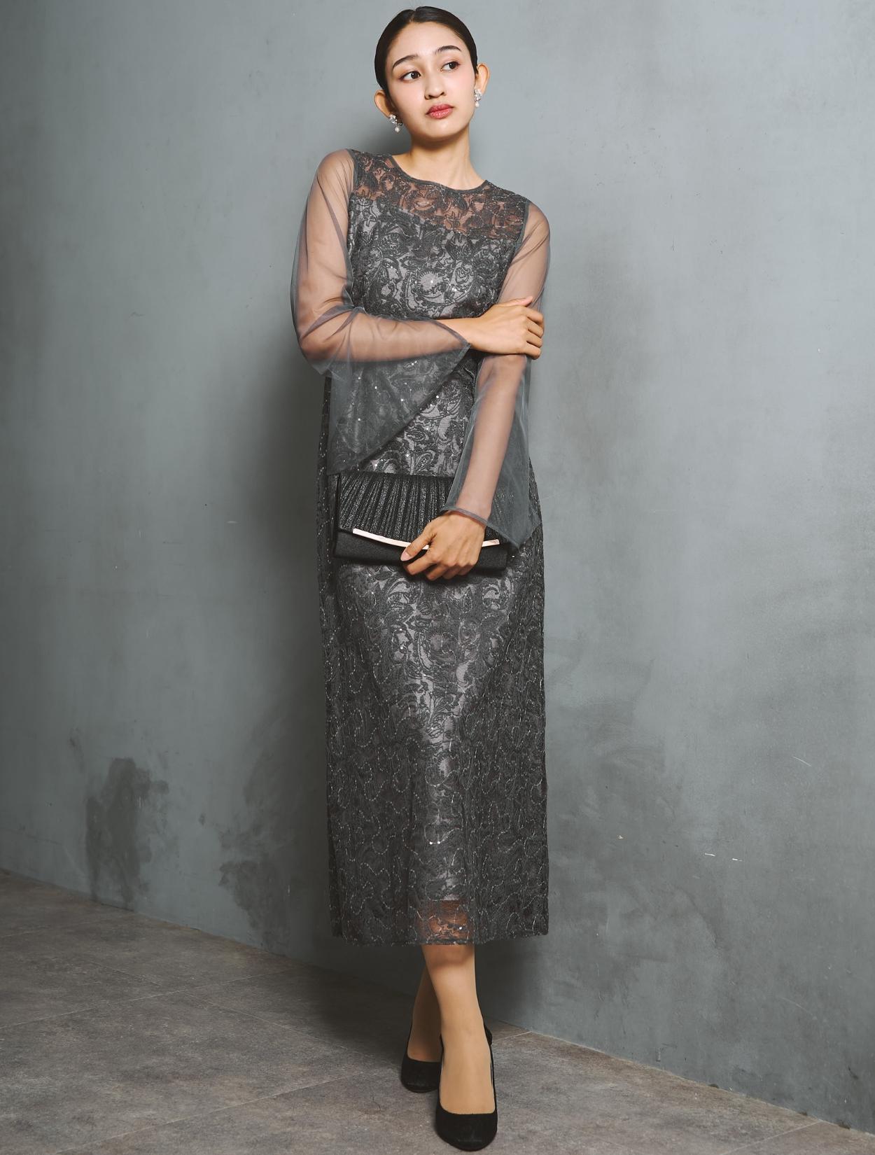 S/M/L】リーフ刺繍シアースリーブドレス（グレー）DPSET0964のレンタル
