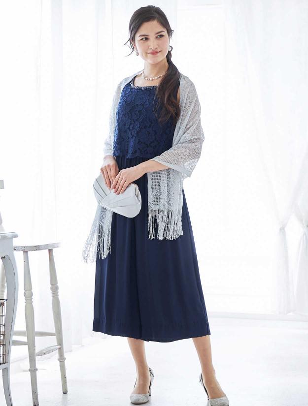 【M】レース×ジョーゼットパンツドレス（ネイビー）DPSET0273