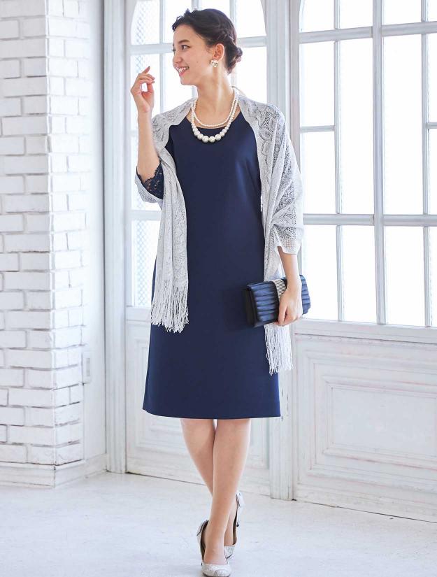 【LL】袖レースジャージードレス（ネイビー）DPSET0013L