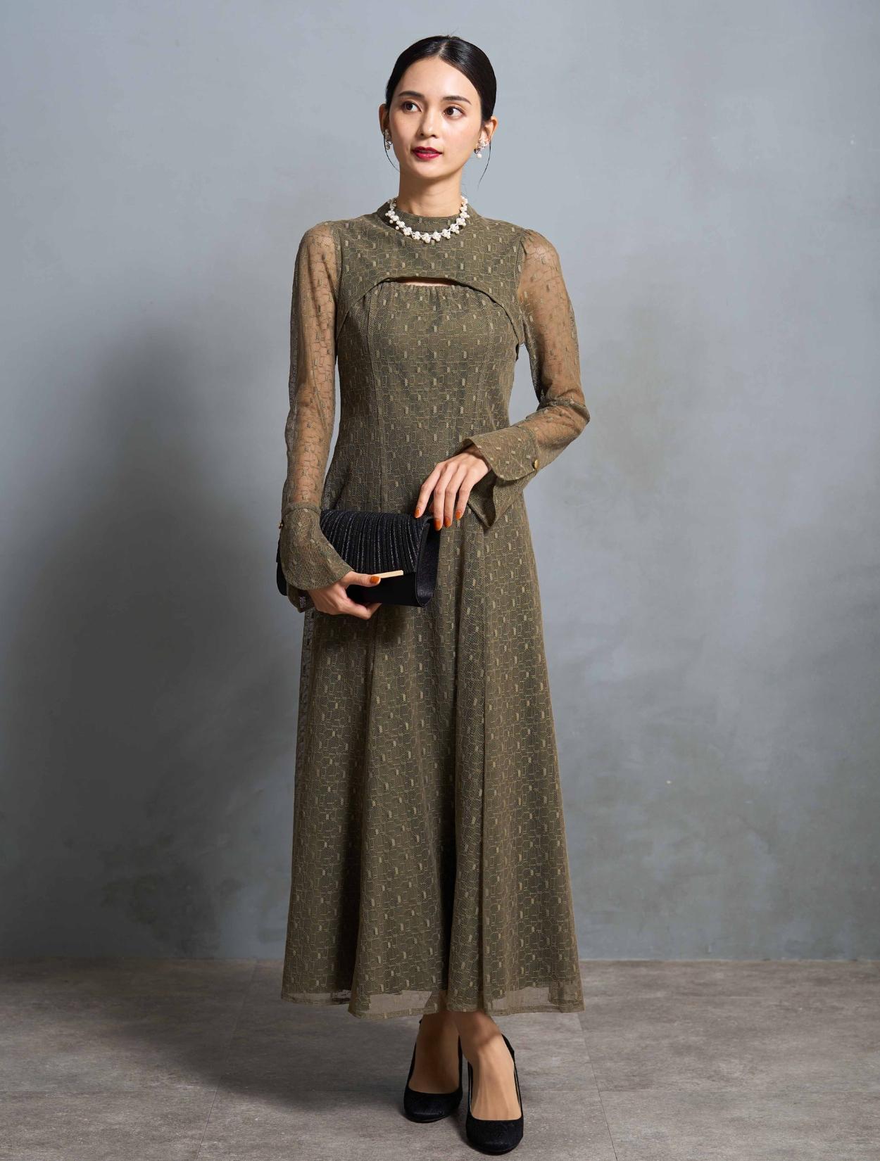 【M/L】ジオメトリックレースドレス（グリーン）DPSET0623