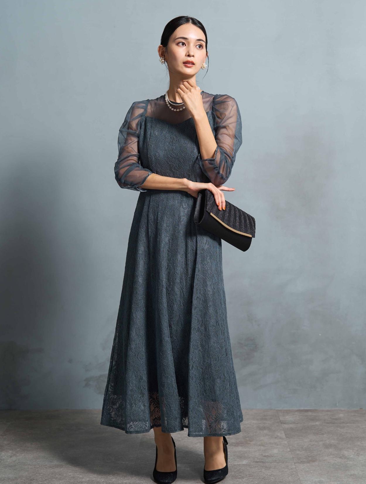 【M】シアースリーブ×レースドレス（Cグレー）DPSET0742