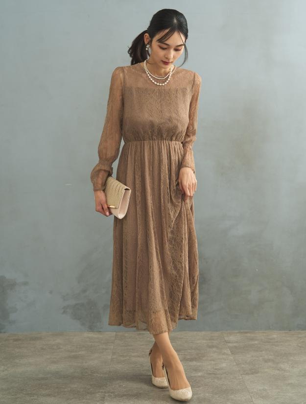 【M/L】総レースロングドレス（ベージュ）DPSET0429