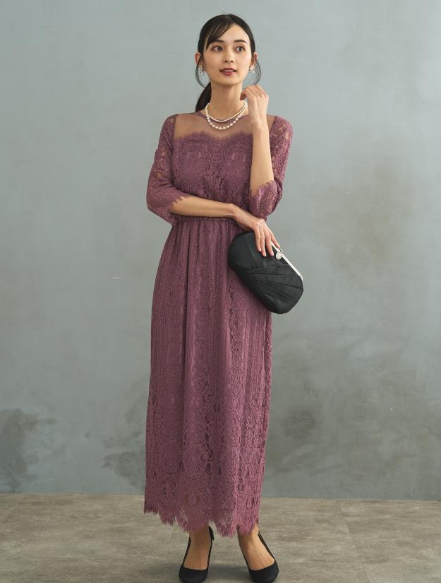 【M】スカラップレースロングドレス（ピンク）DPSET0572