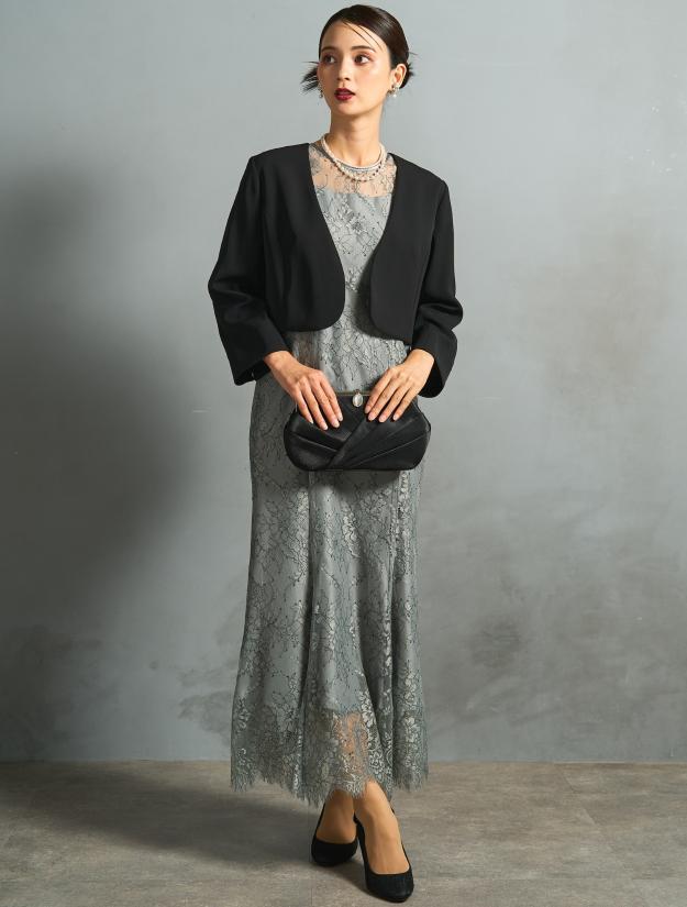 【M】ギャザースリーブマーメイドドレス（グレイッシュグリーン）DPSET0892