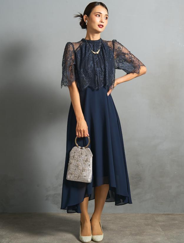 【LL】レーストップスヘム裾ドレス（ネイビー）DPSET0854L