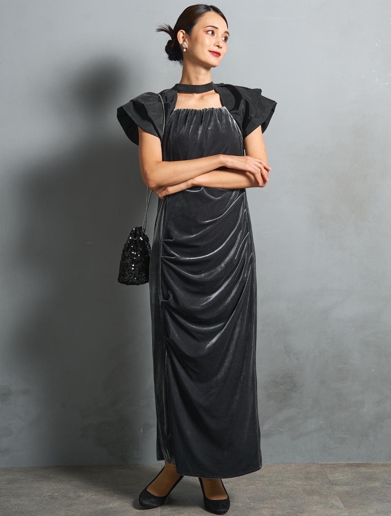 M/L】ベロア×タフタドレープドレス（グレー）DPSET0868のレンタル