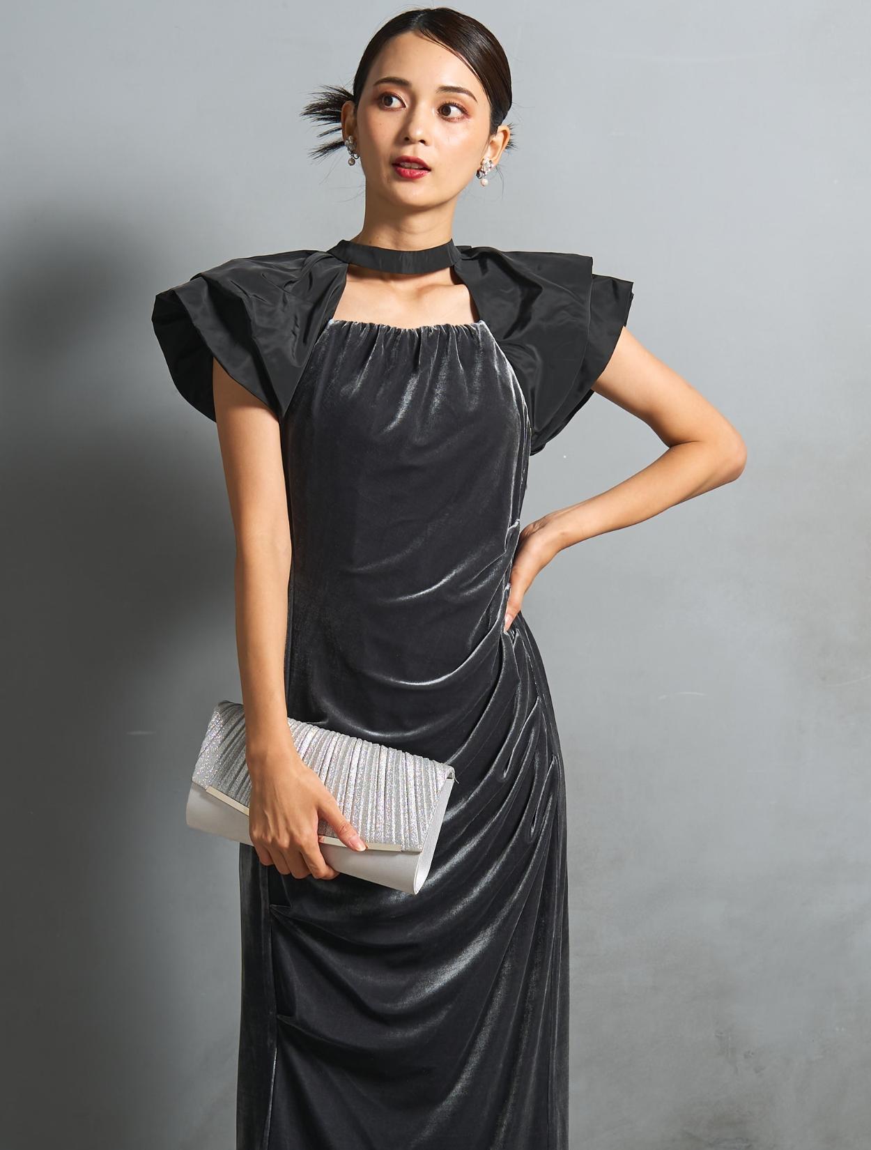 M/L】ベロア×タフタドレープドレス（グレー）DPSET0869のレンタル