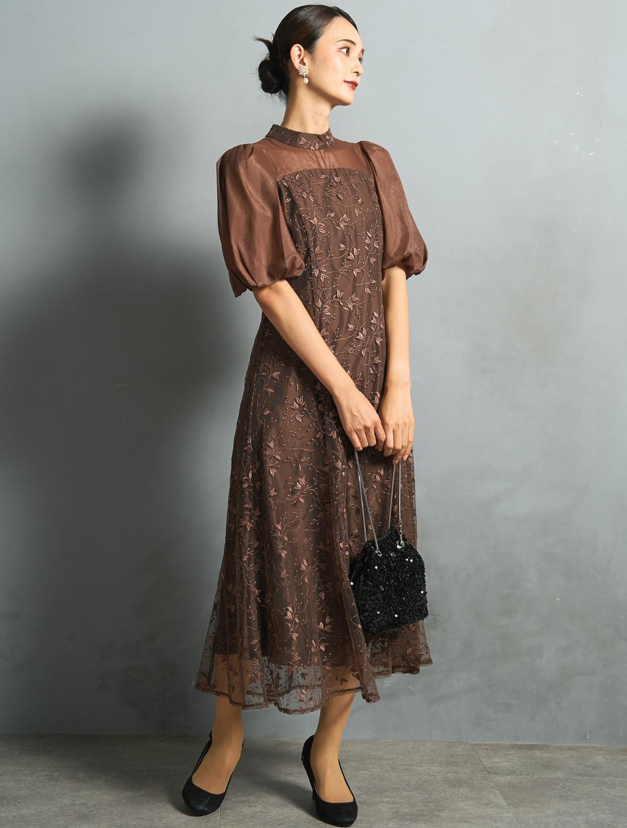 【M/L】ボタニカル刺繍レースドレス(ブラウン)DPSET0886