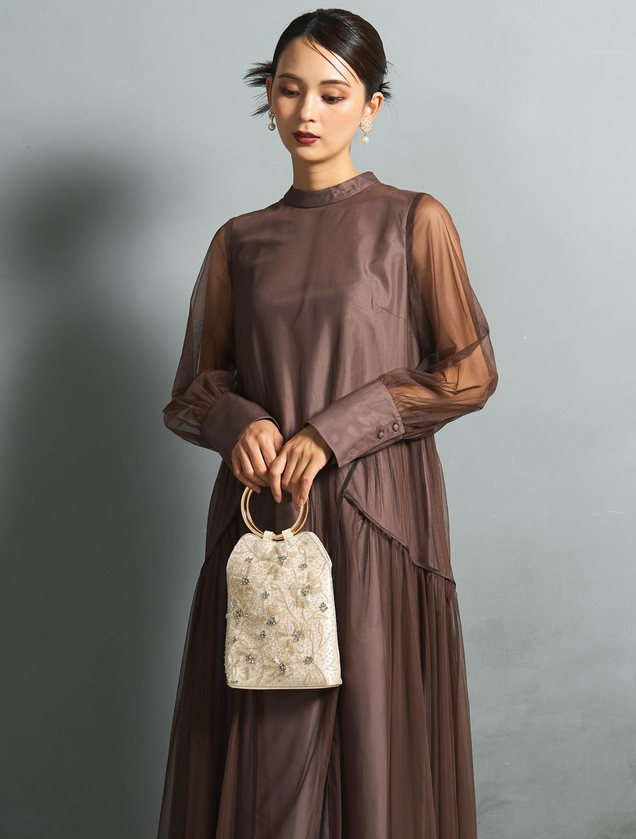 【M/L】ボリュームテントラインドレス(ブラウン)DPSET0857