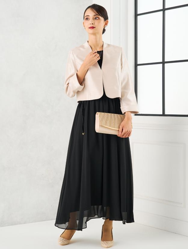 【M】オーガンジー胸元透かしミディ丈ドレス（ブラック）DPSET0691