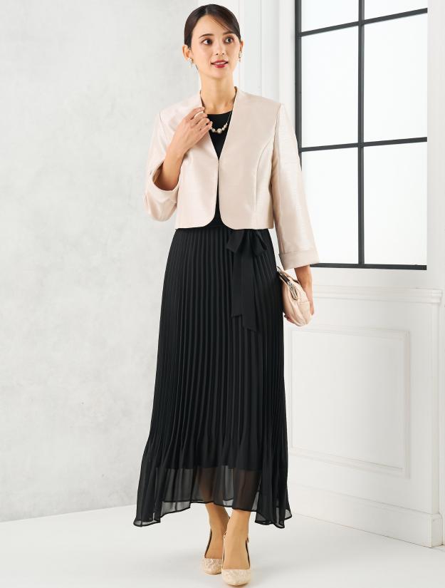 【M/L】ベルト付きプリーツミモレ丈ドレス（ブラック）DPSET0689