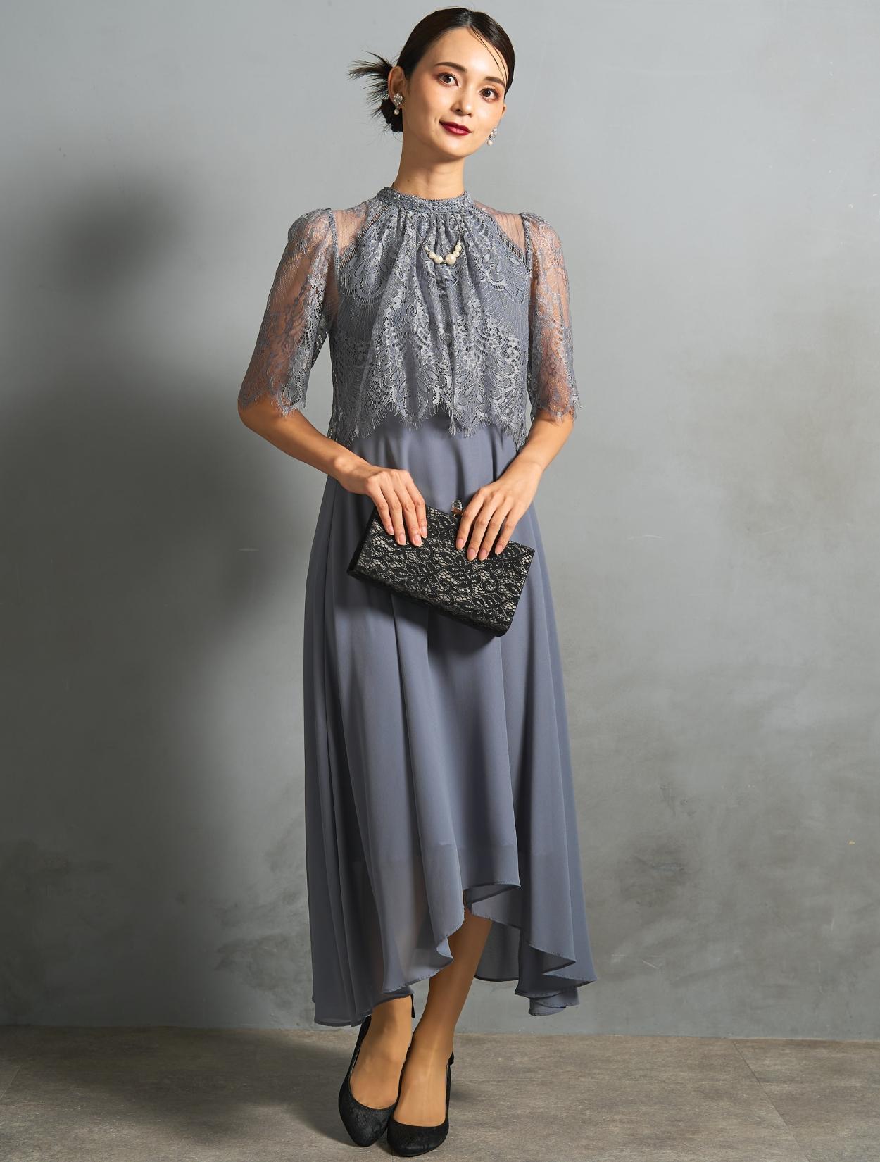 【M/L】レーストップスヘム裾ドレス(ブルーグレー)DPSET0769