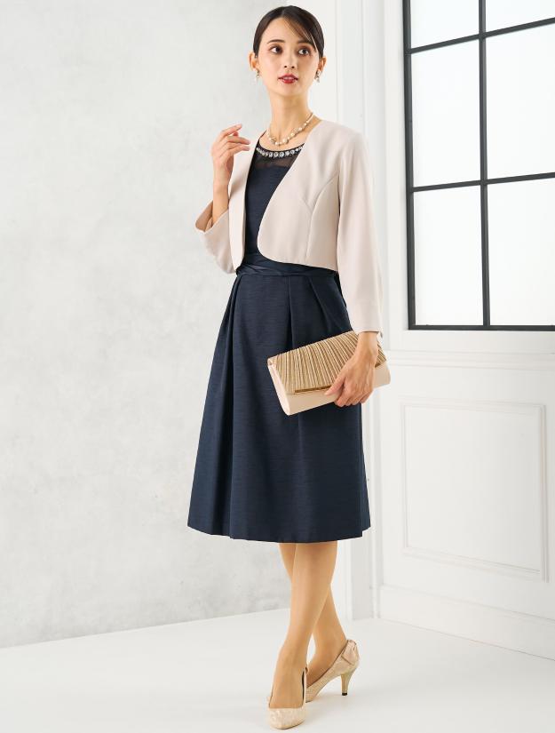 【LL/5L】オーガンジー切替ウエストタックドレス（ネイビー）DPSET0709L