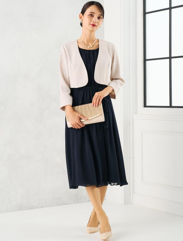 【M】ミディ丈シフォンドレス（ネイビー）DPSET0712