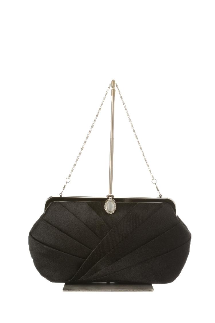 ストーン付きサテンタックがま口バッグ（ブラック）