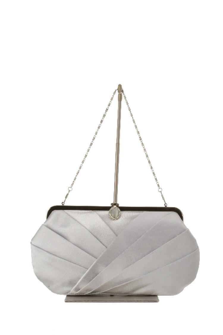ストーン付きサテンタックがま口バッグ（シルバー）