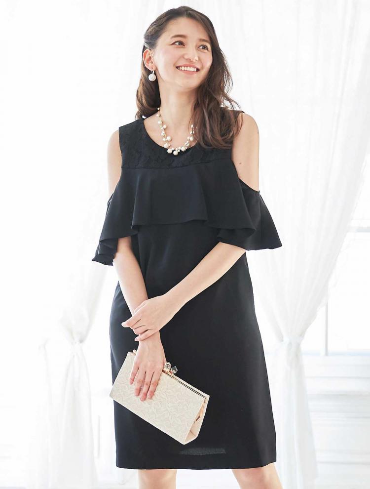 【M】BIGフリルオープンショルダードレス（ブラック）DPSET0063