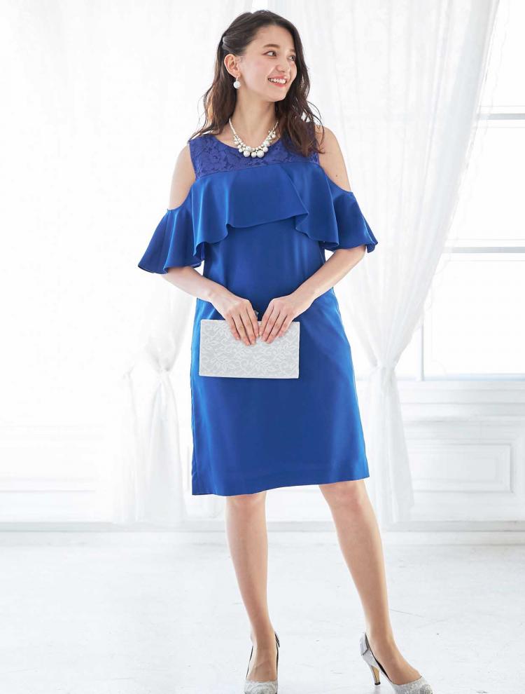 【M】BIGフリルオープンショルダードレス（ブルー）DPSET0065