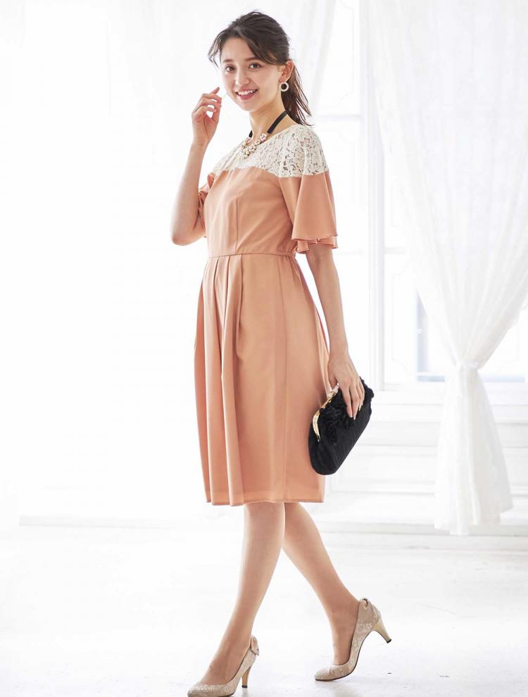 【M】胸元レース切替フレアドレス（ベージュ）DPSET0074