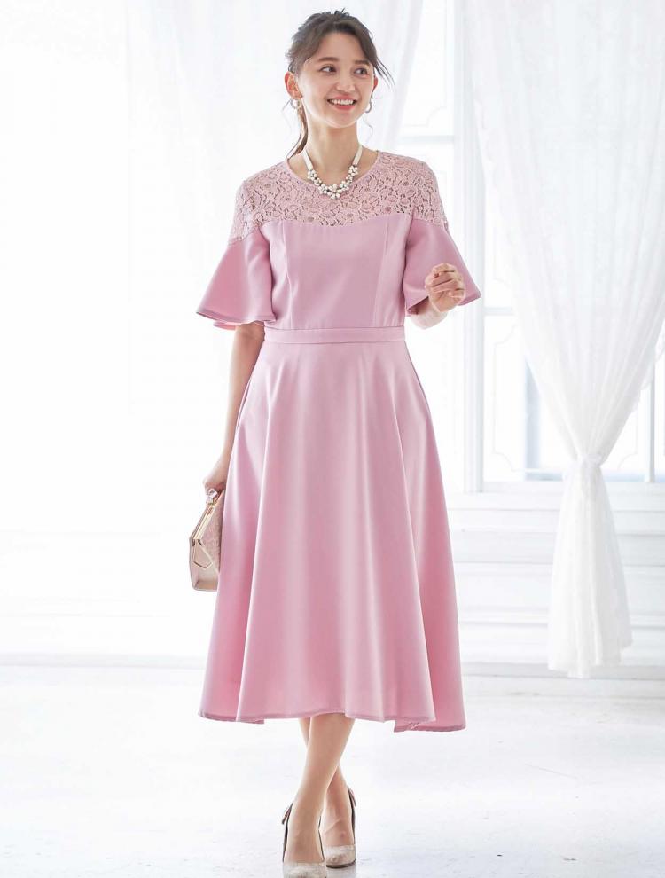 【M】フレアスリーブミモレ丈ドレス（ピンク）DPSET0180