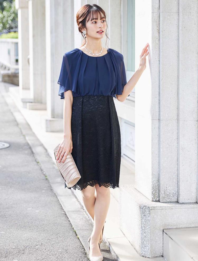 【M】ケープ風シフォン×レース切替ドレス（ネイビー）DPSET0221