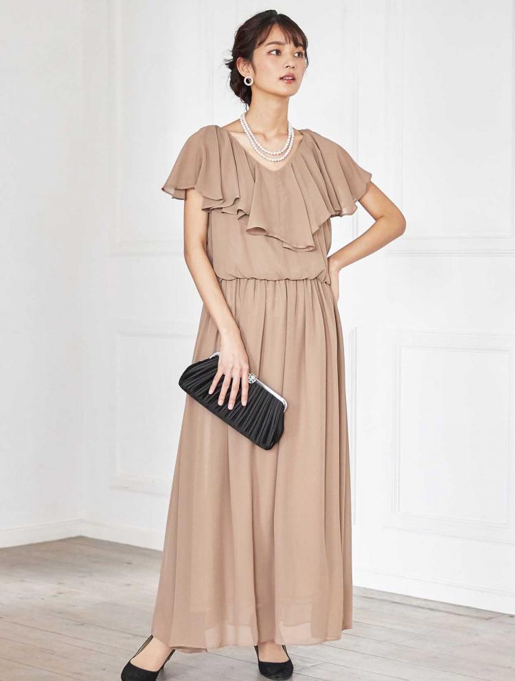 【LL/3L】ラッフルシフォンロングドレス（ブラウン）DPSET0410L