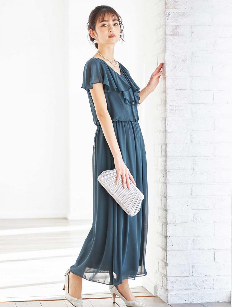 【LL/3L】ラッフルシフォンロングドレス（グリーン）DPSET0317L