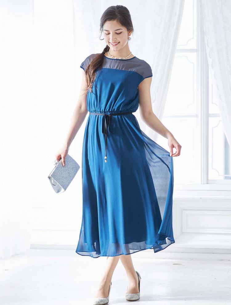【3L/5L】オーガンジー胸元透かしミディ丈ドレス（ブルー）DPSET0361L