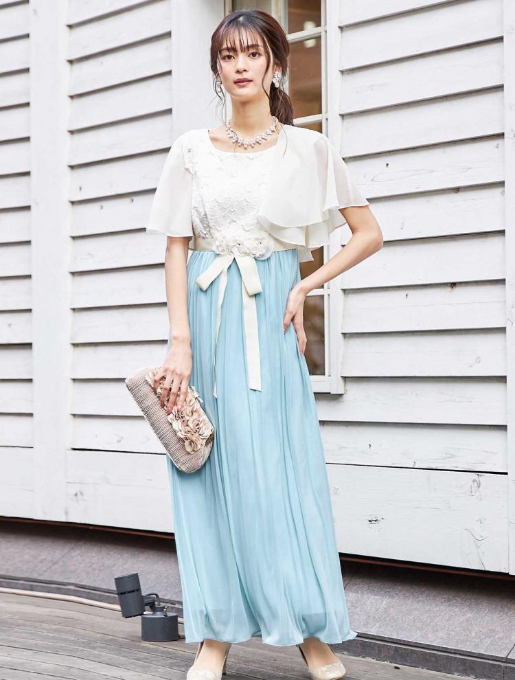 【M】フラワーレースマキシ丈ドレス（グリーン）DPSET0009