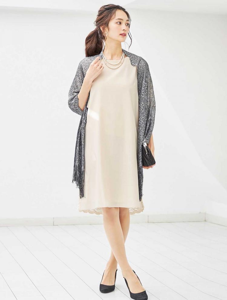 【M/L】バックレース＆リボンストレートドレス（ベージュ）DPSET0020