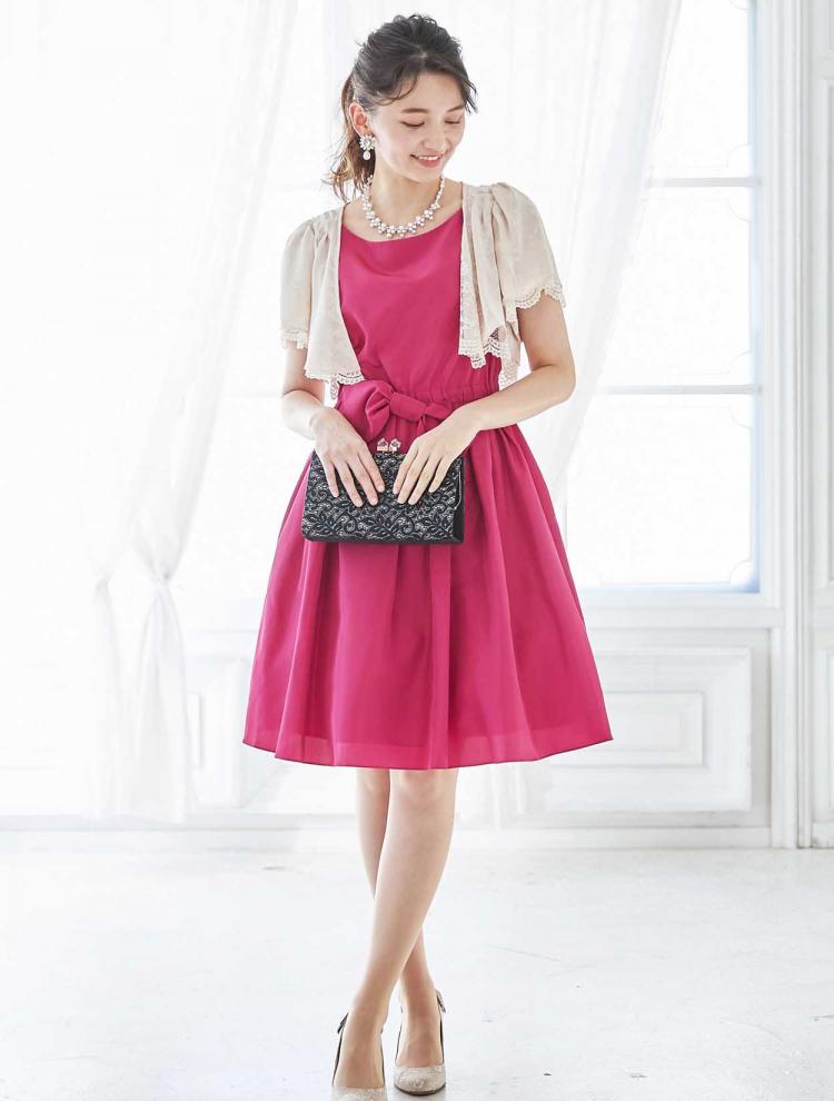 【M】ウエストリボンフィット＆フレアドレス（ピンク）DPSET0027