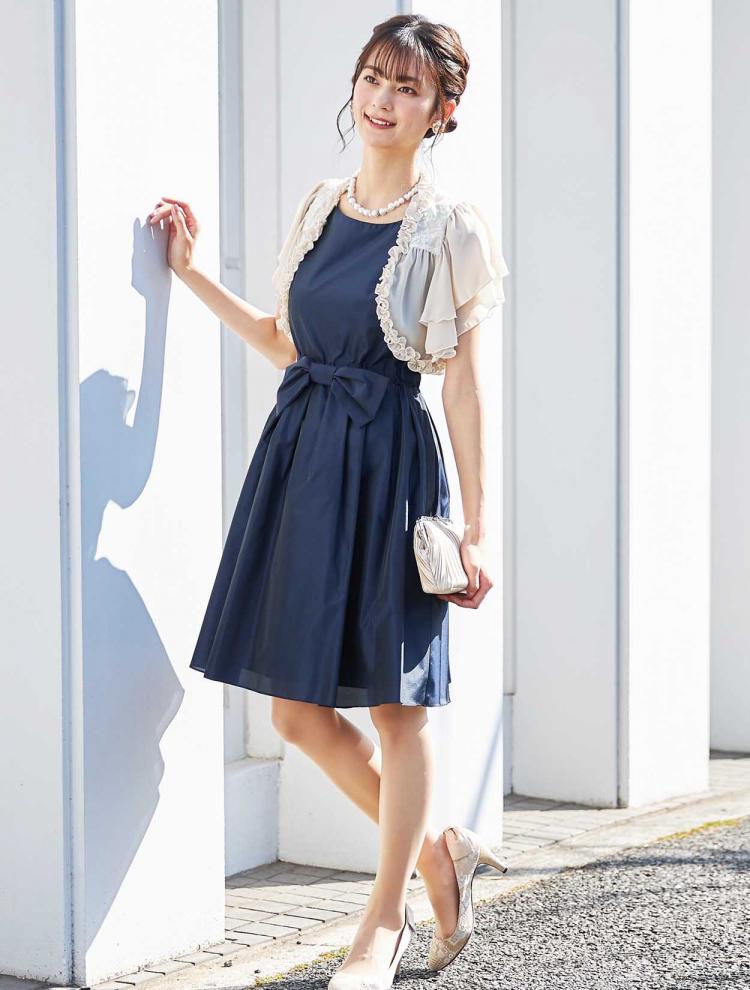【M】ウエストリボンフィット＆フレアドレス（ネイビー）DPSET0032