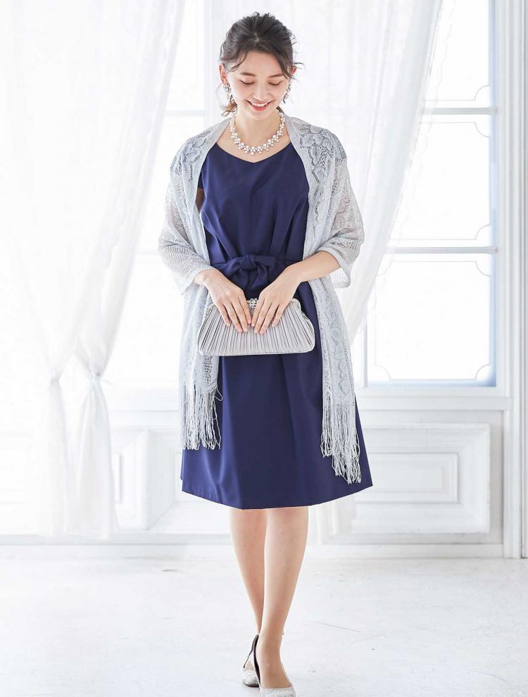 【M】キャップスリーブフィット＆フレアドレス（ネイビー）DPSET0037