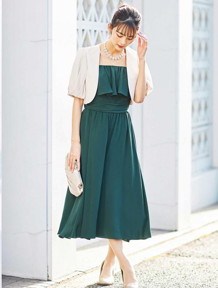 【M】フリルスリーブパンツドレス（グリーン）DPSET0041