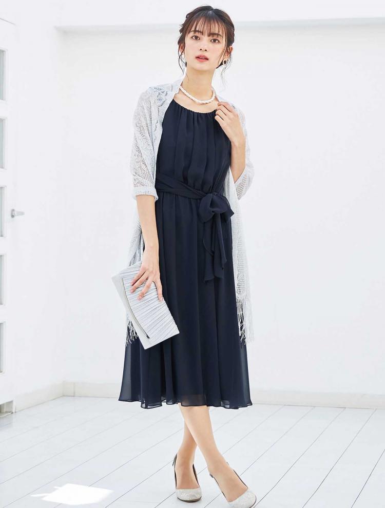 【M】ミディ丈シフォンドレス（ネイビー）DPSET0046