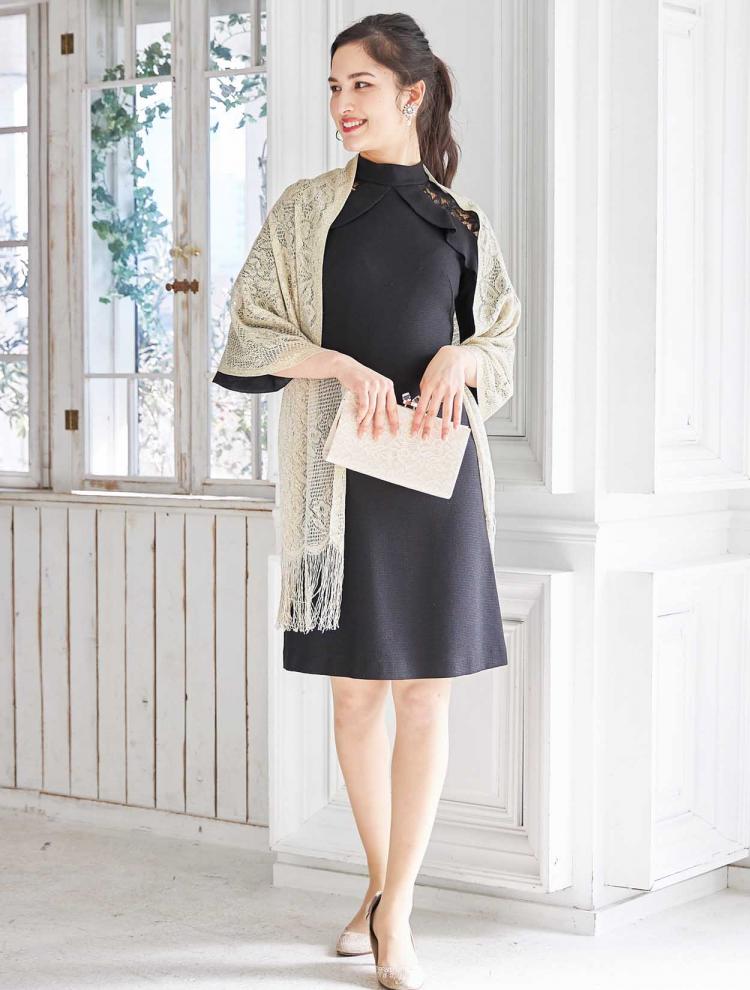 【M】ショルダーフリルスタンドネックドレス（ブラック）DPSET0068